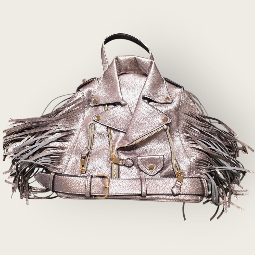 Metallic Fringe Moto Jacket Mini Backpack